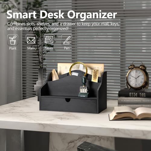 Rebee Vision Pine Wooden Mail Organizer for Desk - Modern Farmhouse Desk Organizer with Drawer & Dividers - 4-Slot Letter Sorter for Mail & Small Essentials - Office Organizer for Home Decor (Black) - color: A-Black