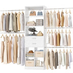 Besiost Closet System, 4-8 FT Closet Organizer Tower with 2 Wooden Drawers and Shelves, Can Fit 60 to 96 inch Walk-in Closet System with 5 Hanging Rods, Built-in, White - color: White
