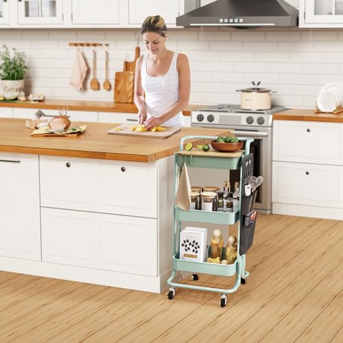 DTK 3 Tier Metal Utility Rolling Cart with Table Top and Side Bags, Metal Tray Storage Organizer Cart with Wheels, Art Craft Cart with 4 Hooks for Kitchen Bathroom Office Living Room (Green) - color: Green, size: Large