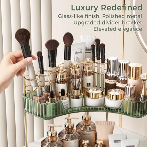 BEFSOP Corner Bathroom Counter Organizer, Upgraded 2-Tier Makeup Organizer Countertop with Makeup Brush Holder, Skincare Exquisite Vanity Organizers Countertop Bathroom Storage Dresser(Green) - color: Green, size: 2 Tier