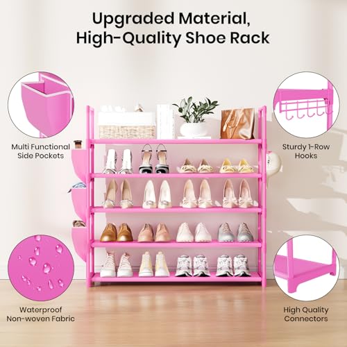 VILICK Shoe Rack for Closet Shoe Organizer Space Saver Storage for 20-25 Pair Shoe Shelf with Hook and Side Pocket Free Standing 5 Tier Shoe Rack Organizer for Entryway,Small Spaces, Pink - color: Pink, size: 33.5"W - 5 Tier
