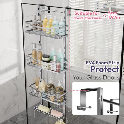 SWTYMIKI Over the Door Shower Caddy - 4 Tier Adjustable Shower Organizer Hanging with Soap Holder, No Drilling Stainless Steel Bathroom Rack Hanging for Body Wash, Shampoo, Soap, Razor, Silver - color: Silver-4 Tier
