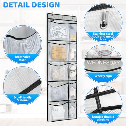Weekly Kids Clothes Organizer - Day of Week School Clothing Organizer, Monday to Friday Time Save, No Odour, 5-Shelf Hanging Closet Storage (Grey), 2 Pack