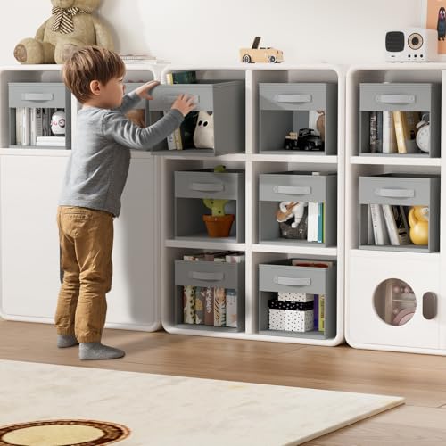 DIMJ Storage Cubes, Cube Oganizer Bin, 12 Pack Foldable Containers with Window, Closet Storage Bins with Handle, 12x 12 inch Storage Boxs for Clothes, Toys, Books (Grey) - color: Gray, size: 10.6 Inch.- 12 Pack
