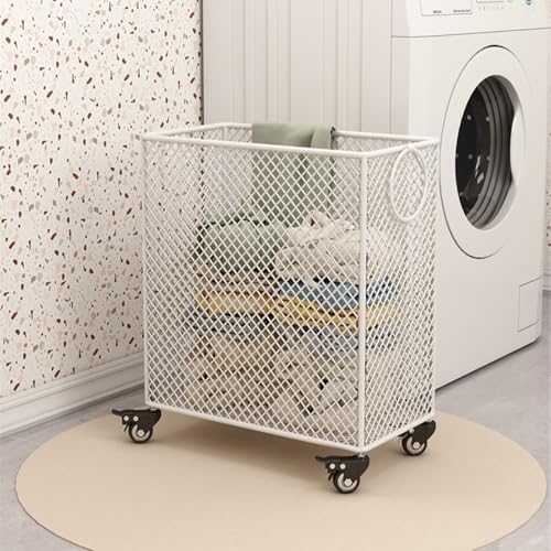 White Metal Laundry Basket with Wheels, Rolling Laundry Hamper Cart Mesh Laundry Storage Cart Organizer Clothes Sorter Shelf Basket Durable for Laundry Room - color: White