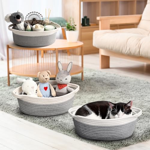 2 Pack Small Woven Basket with Gift Bags and Ribbons, Empty Decorative Gift Chest Box, Cute Baby Gift Basket for Nursery, Cotton Rope Room Shelf Storage Basket with Handles, All 12"x 8"x 5", Gray - color: gray