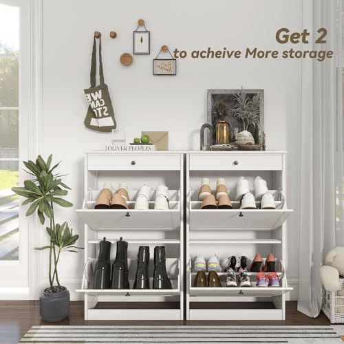 FTZxHKLX Shoe Cabinet with 2 Flip Drawers, Slim Freestanding Hidden Shoe Organizer with Drawer, Pet-Proof Shoe Storage Cabinet for Entryway Living Room Behind The Door, White - color: White, size: 1pcs