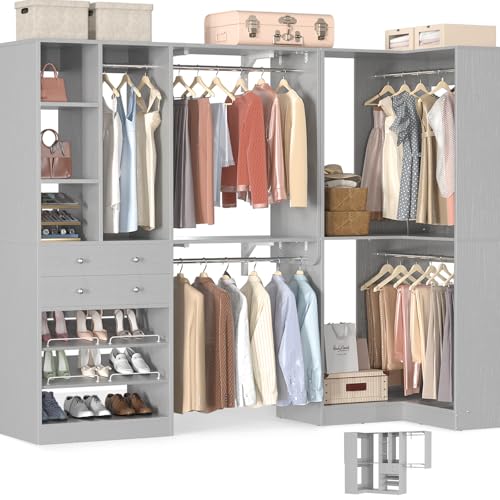 Closet System with 2 Drawers, 5 Hanging Robs, 4 Adjustable Shelves, 90.5"*31.5" Closet Organizer System with Corner Tower, L-shape Walk-in Closet System, Corner Closet System Set of 2, Morandi Grey - color: Morandi Grey, size: 90.5" * 31.5"