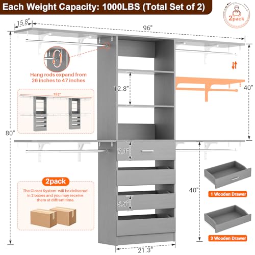 Aheaplus Closet System with Drawers Set of 2, Wood Closet Organizer System with 8 Hanging Rods & Top Shelves, Walk-in Closets Organizer Wardrobe Clothes Rack System, Cut Fits Spaces 4-9FT. Wide, Grey - color: Grey-2Sets