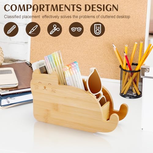 RETON Bamboo Remote Control Holder with 4 Compartments, Cute Cloud - Shaped Pen Organizer, TV Remote Holder Storage Caddy Box Suitable for Media Controller Makeup Brush Office desk Supplies (Cat)