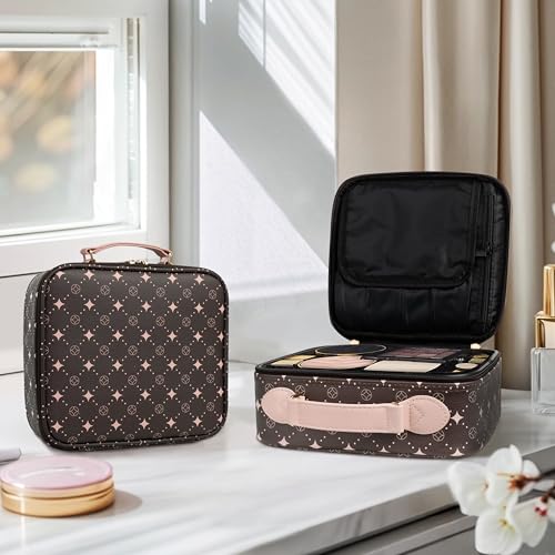 Travel Makeup Bag,Waterproof Cosmetic Organizer, Adjustable Dividers,Portability Cosmetic Train Case,Makeup organizer,Gift for Women,Girls Gift (Coffee+Pink) - color: Coffee+Pink