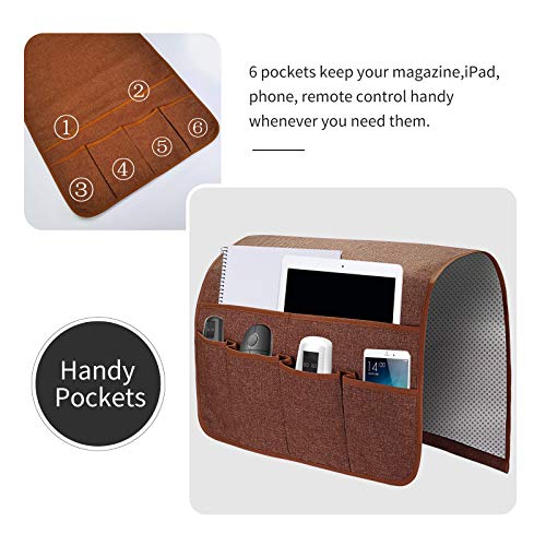 Sofa Armrest Organizer, Remote Control Holder for Recliner Couch, Arm Chair Caddy with 6 Pockets for Magazine, Tablet, Phone, iPad - color: Chocolate, size: W19'' x L33''