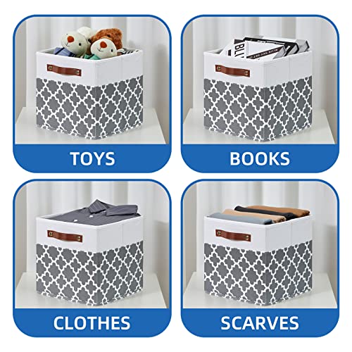 Temary 11x11x11 Cube Storage Bins Cube Organizer Bins 4 Pack Canvas Storage Bin for Home, Cube Storage Basket with Leather Handles(Grey Lattice) - color: Grey Lattice, size: 11×11×11