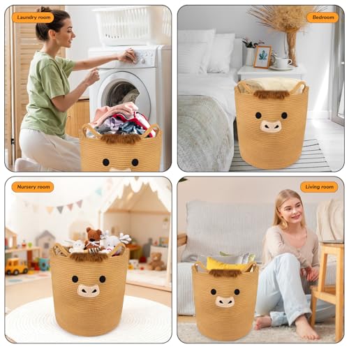 Highland Cute Cow Basket for Nursery, Tall Large Laundry Blanket Gift Basket, Woven Rope Cotton Storage for Clothes, Baby Shower Hamper 0rganizer with Ears Handles, 53L Clothes Bins,15"D×18"H - color: Brown, size: 15"D ×18 "H