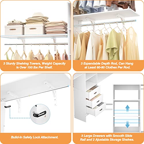 Armocity 96 Inches Closet System, 8FT Walk In Closet Organizer with 3 Shelving Towers, Heavy Duty Clothes Rack with 3 Drawers, Built-In Garment Rack, 96" L x 16" W x 75" H, Max Load 1000 LBS, White - color: White