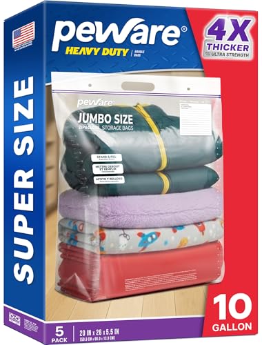 10 Gallon Heavy Duty Large Storage Bags with Handle, Big Zip Seal Top Bags, 6 Mil Extra Thick Clear Big Plastic Resealable Zip Poly Bags for Home Moving, Travel, Camping, 20" x 26", Pack 5 - size: 20x26 6mil Pack5