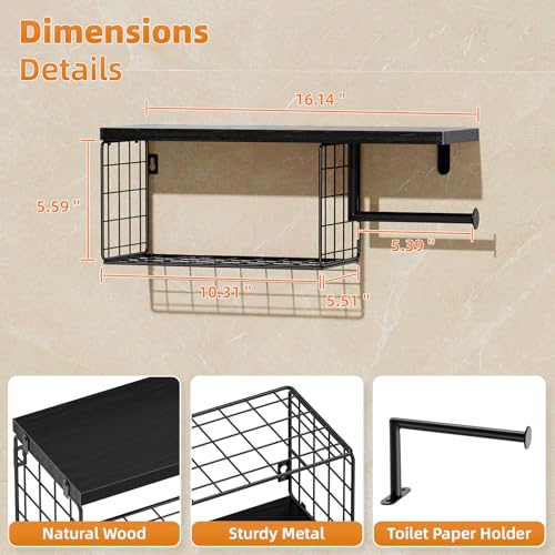 VITVITI Toilet Paper Holder with Shelf, Wall Mounted Toilet Paper Storage Basket, Wood Metal Toilet Roll and Wipes Holder for Bathroom Farmhouse (Black) - color: Black