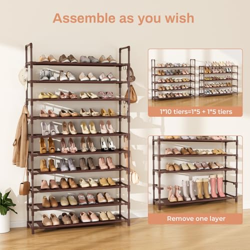 LANTEFUL Tall Shoe Rack 10 Tier Shoe Organizer Large Shoe Shelf with 18 Hooks Storage for 50 Pair Sneaker and Boot, Stackable Vertical Shoe Rack Organizer for Closet, Entryway, Bedroom, Brown - color: Brown, size: 10 Tier-68" High-34" Wide