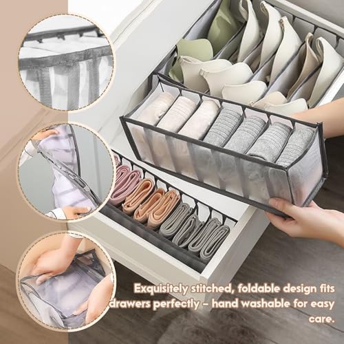 2-Pack Underwear Storage Organizer, 7-Compartment Foldable Drawer Divider for Home, Closet, and Travel Use, Mesh Fabric Organizer Box for Clothing - color: 2 Grey