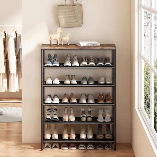 INGIORDAR Shoe Rack Organizer 6 Tier Metal Organizer Shelf with Industrial MDF Board and Layer Fabric for Entryway Closet Bedroom Living Room Garage,Black & Rustic Brown (Black+Rustic Brown, 6 Tier) - color: Black+rustic Brown, size: 6 Tier