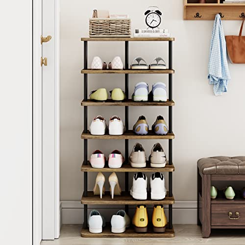 AZERPIAN Shoe Rack 7 Tier Vertical Storage Organizer Double Row Narrow Metal Slim Shelf Modern Free Standing Shoe Tower Saving Space for Closet Entryway Bedroom,Black+Rustic Brown - color: Black+rustic Brown, size: 7 Tier-Double Row