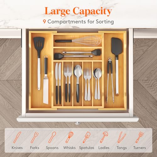Lifewit Silverware Drawer Organizer, Expandable Utensil Tray for Kitchen, Flatware and Cutlery Holder, Wood Adjustable Storage for Spoons Forks Knives, 31-53 x 43cm, Natural - color: Natural, size: 12~21''W x 17''D