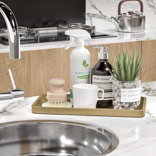Weenson Gold Bathroom Vanity Tray for Countertop Perfume Makeup Jewelry Decor Candle, Bamboo Kitchen Tray for Soap Dispenser Spice Coffee, Toilet Tank Tray 11.81”L x 6.1”W x 0.79”H - color: Gold, size: 11.8" x 6.1" x 0.8"