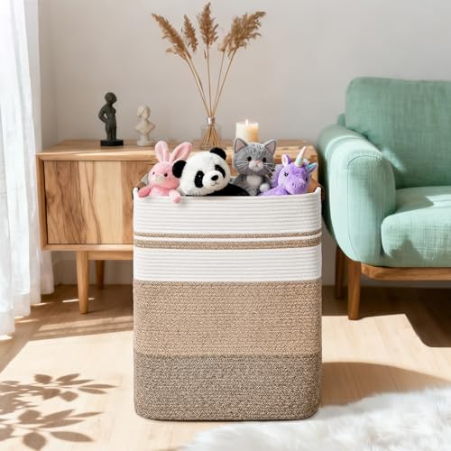 Laundry Hamper, 85L Tall Laundry Basket with Leather Handles, Rectangle Large Clothes Hamper for Organizing, Cotton Woven Laundry Baskets Storage Hampers for Bedroom, Nursery, Living Room - color: Jute & Rice Brown, size: 85L