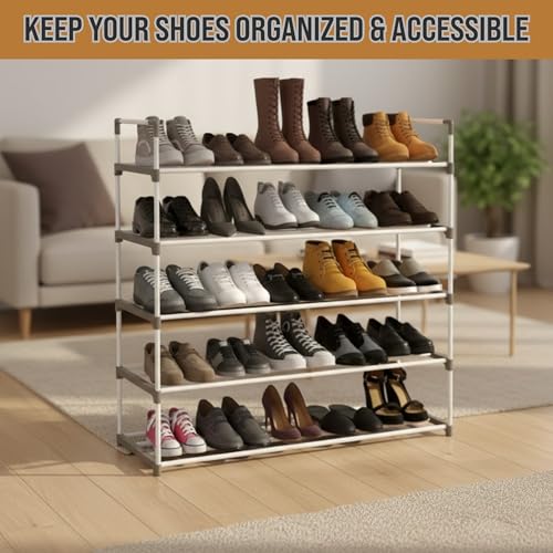 Home-Complete Shoe Rack – 5-Tier Shoe Organizer for Closet, Bathroom, Entryway – Shelf Holds 25 Pairs of Sneakers, Heels, and Boots (White) - color: White, size: 5-Tier