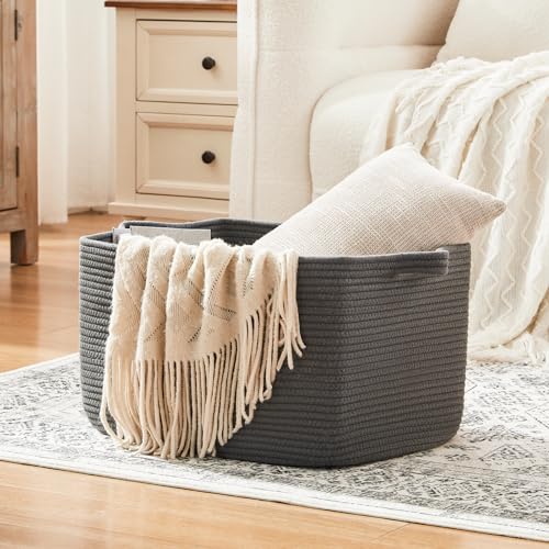 OIASKET Large Toy Basket, Rectangle Woven Rope Storage Basket for Blankets, Dirty Clothes, Shoes, Nursery Organizer Bins (Dark Grey) - color: Dark Grey, size: 19.7"x15.8"x11.8"