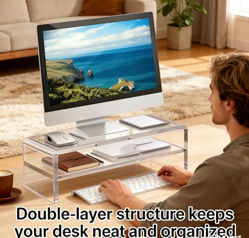Acrylic Monitor Stand, 2 Tier Riser with Storage Shelf, Clear, 16/20 Inch, Home Office Desk Organizer (20in) - size: 20in