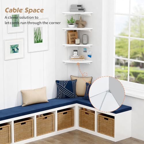 Forbena Corner White Floating Book Shelves for Wall Set of 4, Wood Nursery Corner Bookshelf for Kids Bedroom, Large Modern Round Wall Bookshelves for Living Room Decor, Indoor Plants, Bathroom - color: 1. White, size: 12" Depth
