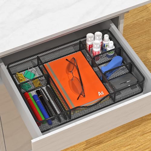 VyGrow Desk Drawer Organizer, Metal Mesh Drawer Organizer Tray with 6 Adjustable Compartment, Tray Organizer for Desktop, Kitchen, Bathroom, Makeup, Vanity - 14.5x8.8x1.96 inch, Black, 1PC Large - color: 1PC Large