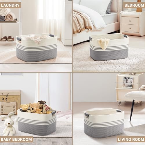 60L Large Laundry Basket with Leather Handles for Living Room Storage, Woven Rope Baskets Bin for Blanket, Kids Toy, Gifts, Wicker Hamper for Bedroom Dirty Clothes, 21"x15"x11" White Grey - color: Grey, size: 60L