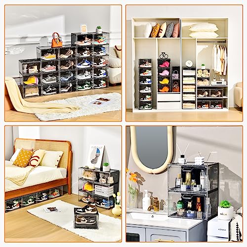 Amllas New 8 Pack Shoe Boxes Stackable, Large Shoe Storage Organizer with Lids,Drop Side Shoe Containers for Entryway,Sneaker Storage Fit up to US Size 13 for Men/Women(13’’x 10.6”x 8.3”) - color: Clear and Black