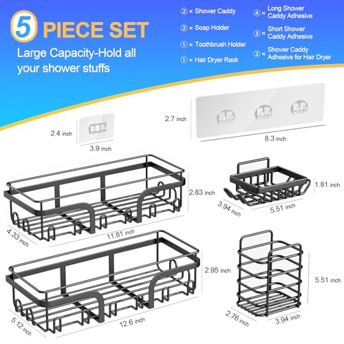 5 Pack Adhesive Shower Caddy, No Drilling Shower Shelves, Rustproof Stainless Steel Bath Shower Organizers, Large Capacity Shower Rack for Bathroom Storage & Home