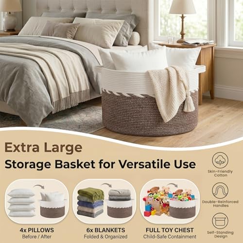 OIAHOMY 90L Blanket Basket for Living Room, Large Basket 23" x 23" x 13" with Handle, Laundry Hamper for Blankets, Pillows, Toy Storage for Kids, Dogs - Brown & White - color: Brown & White, size: 23" x 23" x 13"