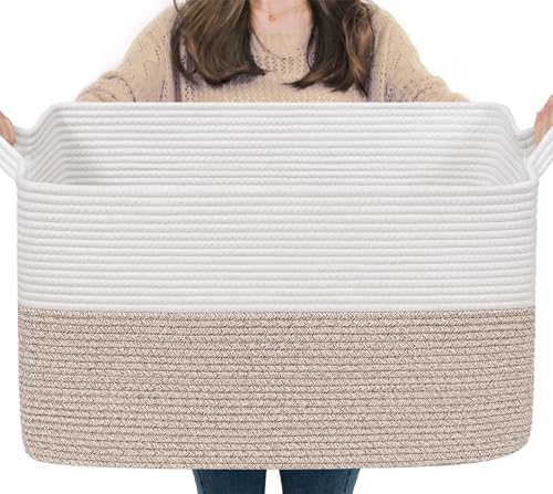 Goodpick Large Blanket Basket 22" x 17" x 12" Woven Storage Baskets for Organizing, Rectangle Cotton Rope Basket for Living Room Bedroom, Toy Baskets Storage Kids, White & Brown - color: Light Brown, size: 22"L x 17"W x 12"H