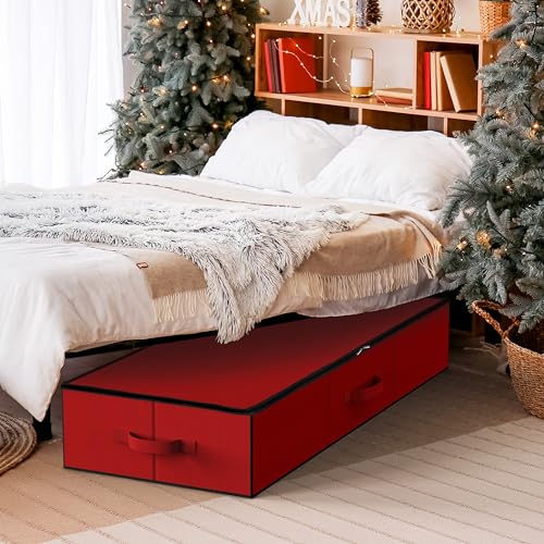 Simple Houseware 41.5" Wrapping Paper Storage Organizer - Fits 40 Rolls with Adjustable Straps, Interior Divider for Ribbons & Bows, 3 Clear Pockets for Gift Bags & Tools, 41.5''L x 16''W, Red - color: Red