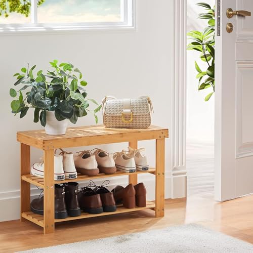 Pipishell 3 Tier Bamboo Shoe Rack Bench - Sturdy Shoe Organizer Holds up to 300lbs for Entryway, Bedroom, Living Room, Balcony - color: Bamboo