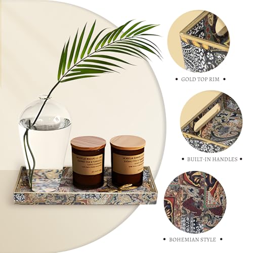 MAONAME Plastic Vanity Tray, Bathroom Counter Tray, Decorative Trays with Handles, Storage Dresser Trays Organizer for Toilet Tank, Jewelry, Makeup, 13.8" x 6" x 1.57" - color: Bohemian-3