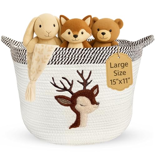 Deer Storage Basket for Nursery – Large 15”x11” Cotton Rope Bin with Soft Felt Animal Patch – Toy Organizer, Baby Laundry Hamper, Diaper & Towel Holder – Foldable, Washable & Baby-Safe - color: Deer