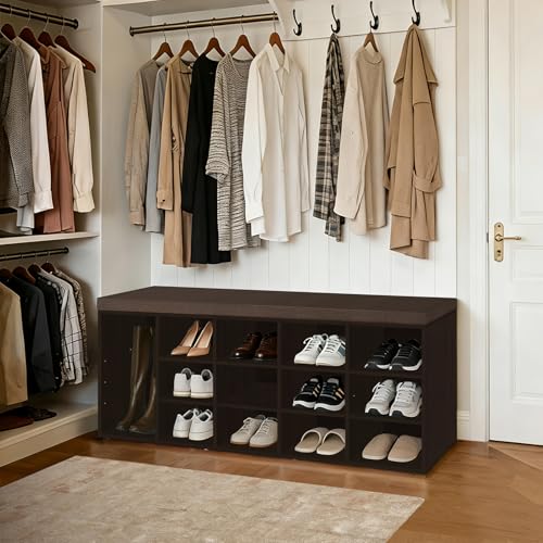DINZI LVJ Shoe Storage Bench with Cushion, 13-Cubby Shoe Rack, Adjustable Shelves, Multifunctional Shoe Organizer Bench for Entryway, Mudroom, Hallway, Living Room, Bedroom and Garage, Espresso - color: Espresso, size: 13 Cubby