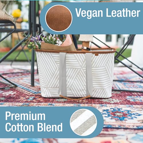 CleverMade Collapsible LUXE Tote - Reusable Grocery Shopping Storage Bag Organizer w/Handles Reinforced Bottom - color: Geometric Taupe