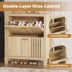knoworld Shoe Storage Cabinet for Entryway with 2 Flip Drawers, 31.5" Slim Fluted Shoe Organizer Cabinet, Narrow Wooden Shoe Rack Cabinet, Freestanding Hidden Shoe Cabinet for Hallway, Entrance (Oak)