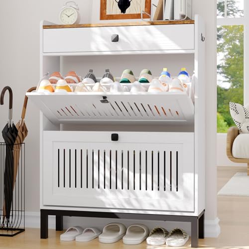 2-Door Flip Front Shoe Cabinet with Adjustable Shelves – Hidden Entryway Storage Organizer for Hallway, Foyer, Living Room – Freestanding Wooden Shoe Rack with Large Capacity & Modern Design, White - color: White & Rustic, size: 9.45"D x 31.4"W x 43.4"H