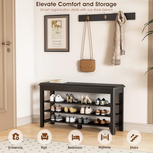 IUNVR Shoe Rack Bench Seat Rubberwood 3-Tier Wooden Storage Bench 550lbs Compact Mid-Century Modern Design for Entryway, Hallway, Closet, Front Door Entrance, Foyer - color: Black-3 Tier(wood), size: 39.4"W x 11.8"D x 20.5"H