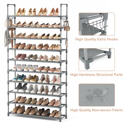 VTRIN 10 Tiers Shoe Rack Tall Large Capacity Wide Shoe Organizer Sturdy Shoe Shelf for Entryway with Two Hooks Metal Shoe Storage for Closet, Bedroom, Grey - color: Grey, size: 32.3" Wide - 10 Tier
