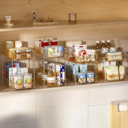 Delamu 2-Tier Under Sink Organizers and Storage, Multi-Purpose Stackable Bathroom Cabinet organizers, Pull Out Kitchen Pantry Organization and Storage with Dividers(4 Pack, Amber) - color: Amber, size: 4 Pack