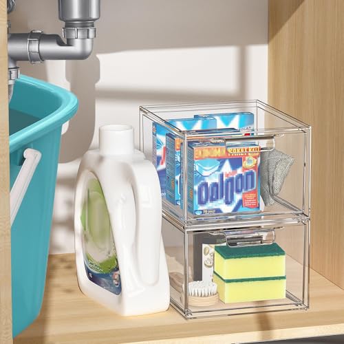 SpaceHacks 6 Pack Stackable Makeup Organizer and Storage, Acrylic Organizers，Clear Plastic Storage Drawer with Pull-Out Handles for Vanity, Undersink, Kitchen Cabinets, Pantry - color: Clear, size: 6 Pack